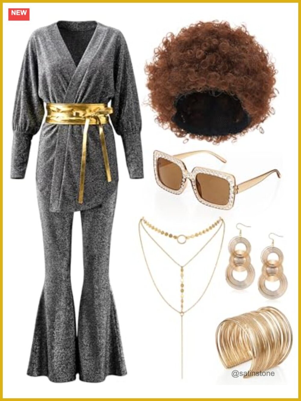 70s Disco Costume Set Glitter Top Flare Pants Afro Wig Adult